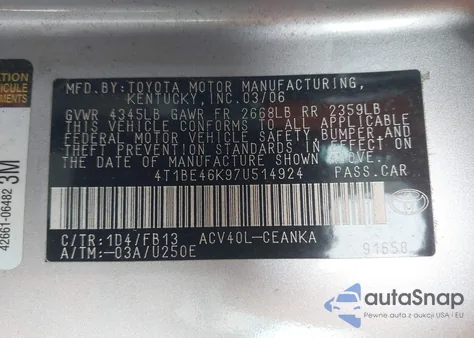 2007 Toyota Camry Le из США, поврежденный, VIN 4T1BE46K97U524924